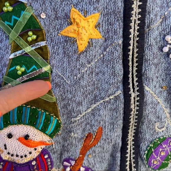 Vintage Ugly Christmas Zip Up Cardigan featuring snowman and a winter flurry - Picture 5 of 7